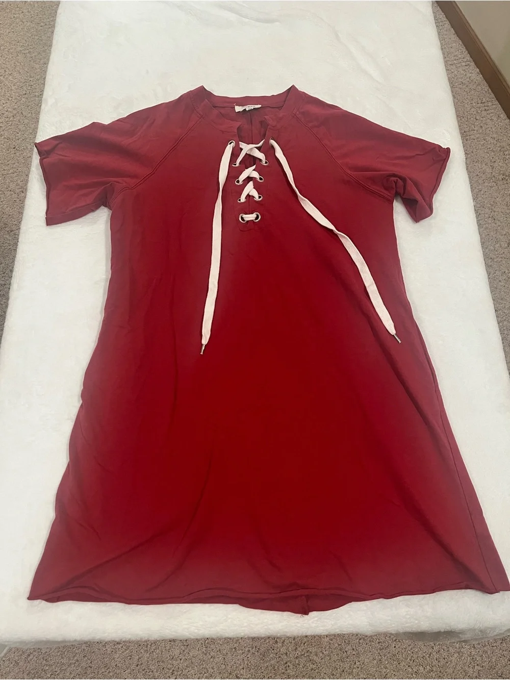 Umgee Burgundy Lace Up Front Short Sleeve Dress with Pockets - Size Small - Picture 1 of 7